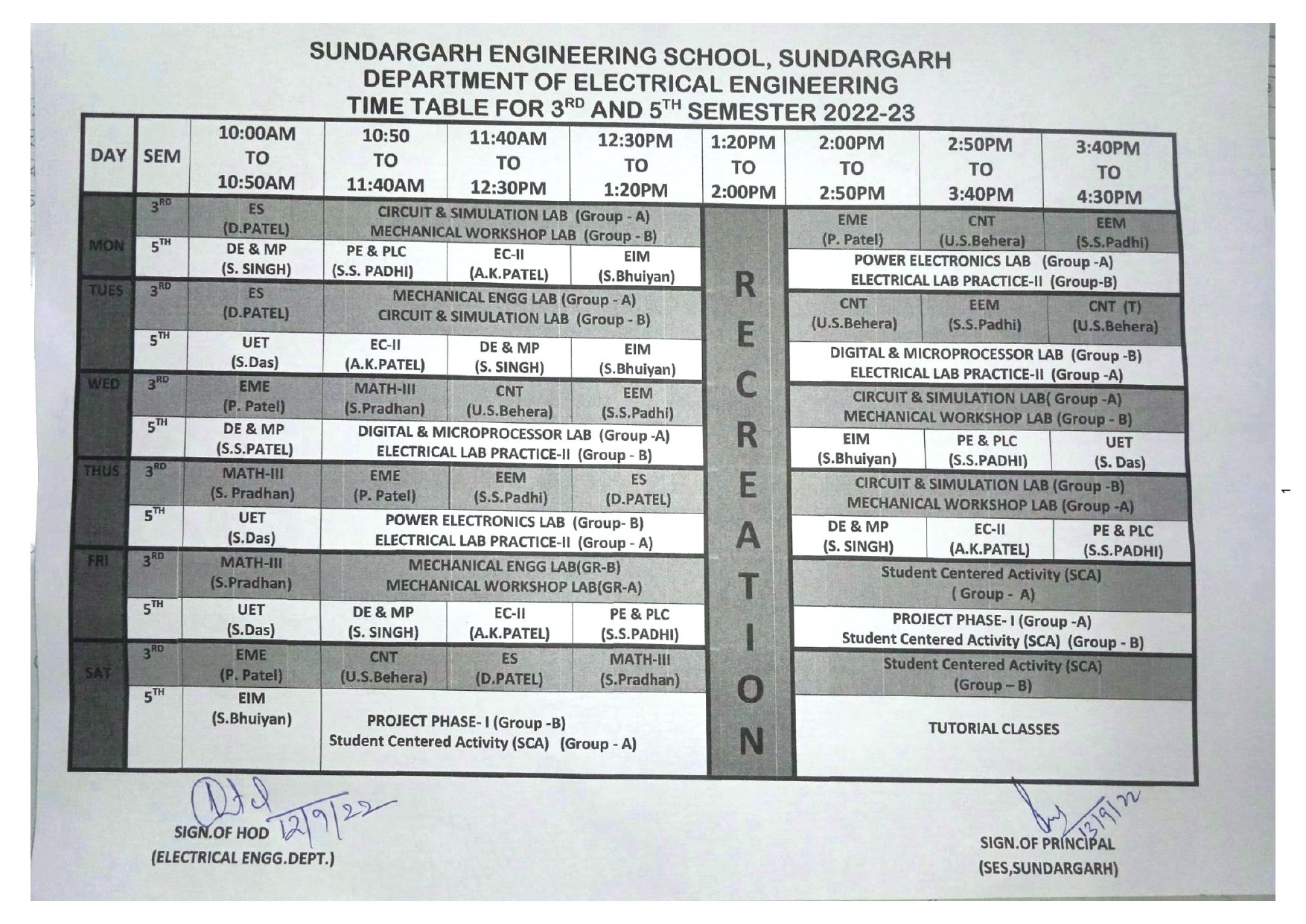 TIME TABLE (3rd & 5th Semester) ELECTRICAL ENGINEERING