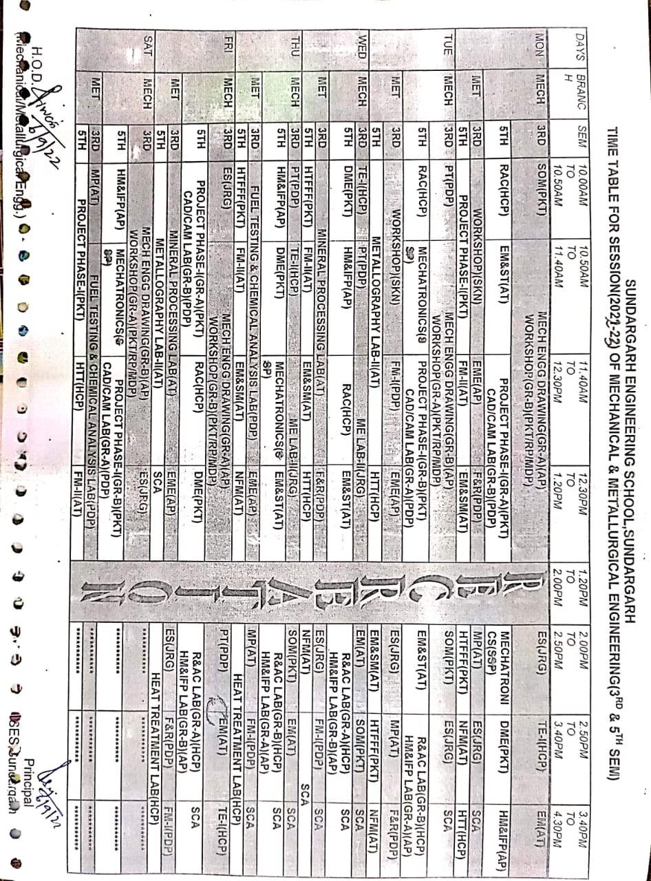 TIME TABLE (3rd & 5th Semester) MECHANICAL/METALLURGICAL ENGINEERING